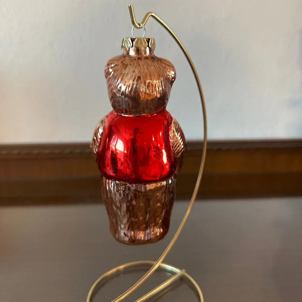 Vintage Glass Teddy Bear Christmas Ornament Red Vest Green Bow Taiwan 6''